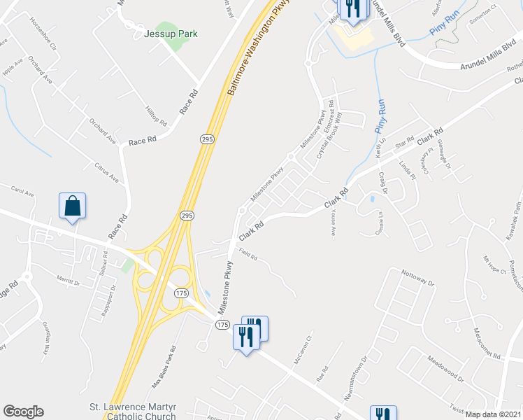 map of restaurants, bars, coffee shops, grocery stores, and more near Amber Crest Road in Anne Arundel County
