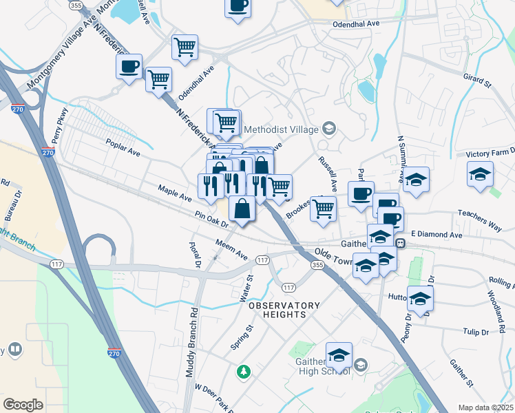 map of restaurants, bars, coffee shops, grocery stores, and more near 126 North Frederick Avenue in Gaithersburg
