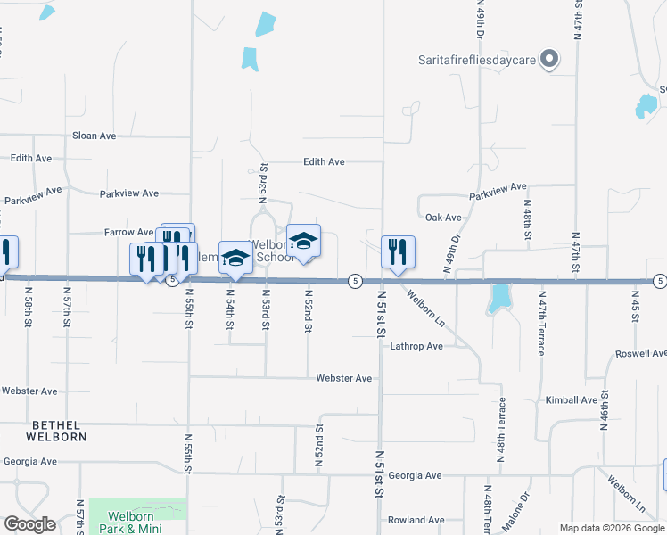 map of restaurants, bars, coffee shops, grocery stores, and more near 3108 North 51st Terrace in Kansas City