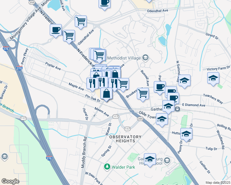 map of restaurants, bars, coffee shops, grocery stores, and more near 126 North Frederick Avenue in Gaithersburg