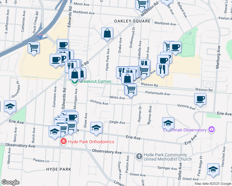 map of restaurants, bars, coffee shops, grocery stores, and more near in Cincinnati