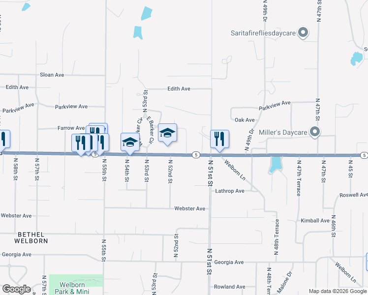 map of restaurants, bars, coffee shops, grocery stores, and more near 3110 North 51st Terrace in Kansas City