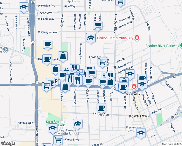 map of restaurants, bars, coffee shops, grocery stores, and more near 627 Ainsley Avenue in Yuba City