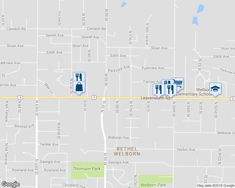 map of restaurants, bars, coffee shops, grocery stores, and more near 5800 Leavenworth Road in Kansas City