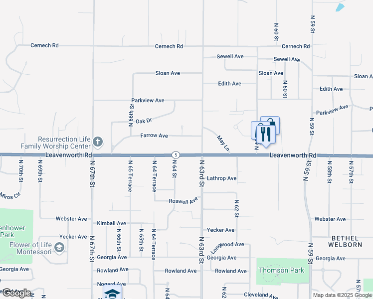 map of restaurants, bars, coffee shops, grocery stores, and more near 6345 Farrow Avenue in Kansas City