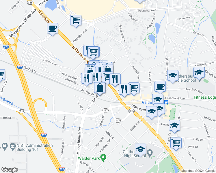 map of restaurants, bars, coffee shops, grocery stores, and more near 122 North Frederick Avenue in Gaithersburg