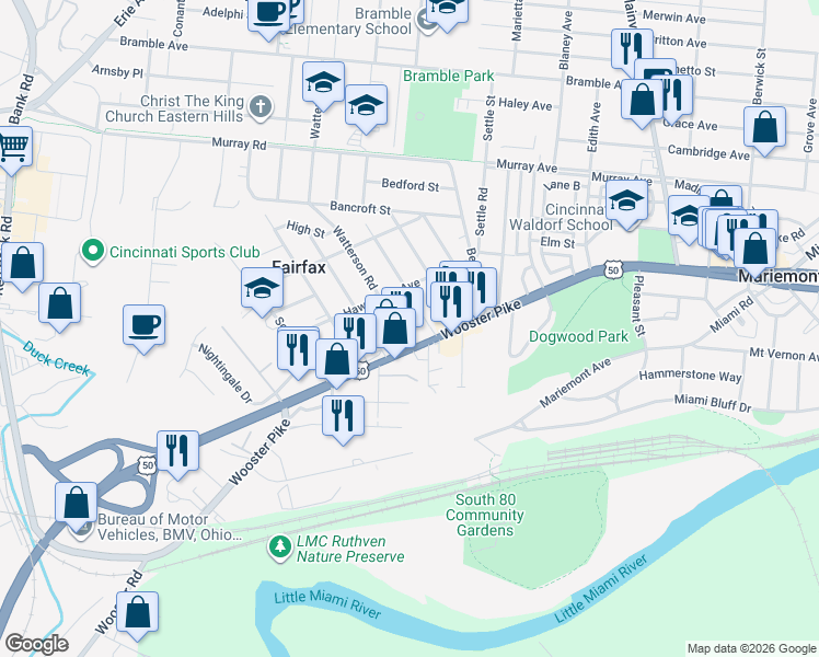 map of restaurants, bars, coffee shops, grocery stores, and more near 3716 Simpson Avenue in Cincinnati
