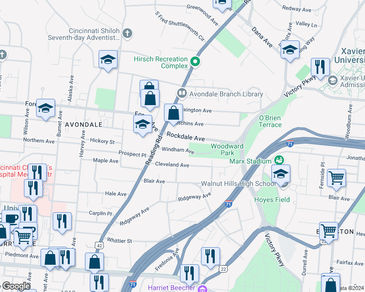 map of restaurants, bars, coffee shops, grocery stores, and more near 837 Rockdale Avenue in Cincinnati