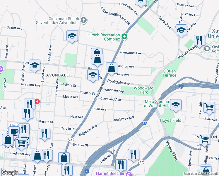 map of restaurants, bars, coffee shops, grocery stores, and more near 3494 Reading Road in Cincinnati