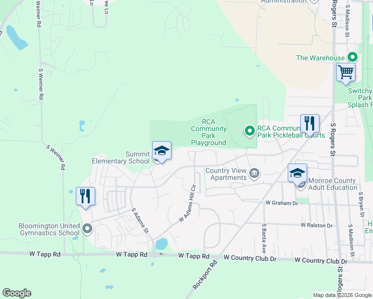 map of restaurants, bars, coffee shops, grocery stores, and more near 206 West Adams Hill Circle in Bloomington