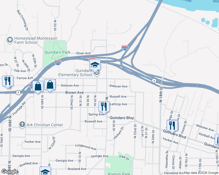 map of restaurants, bars, coffee shops, grocery stores, and more near 2636 Delavan Avenue in Kansas City