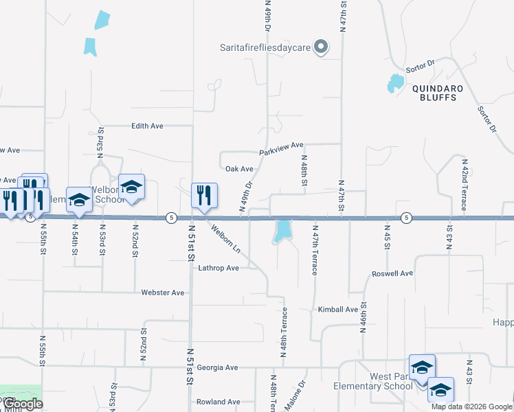 map of restaurants, bars, coffee shops, grocery stores, and more near 3124 North 49th Street in Kansas City