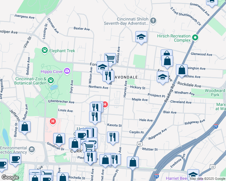 map of restaurants, bars, coffee shops, grocery stores, and more near 3440 Burnet Avenue in Cincinnati