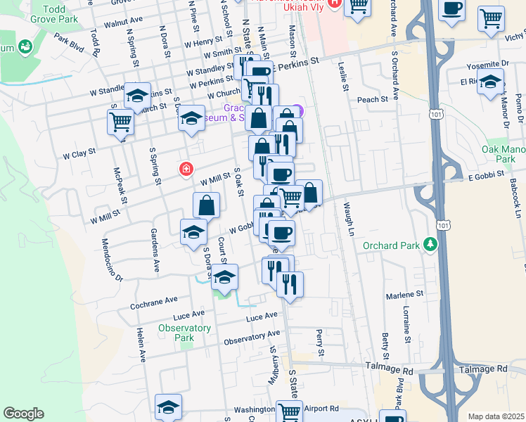 map of restaurants, bars, coffee shops, grocery stores, and more near 650 South State Street in Ukiah