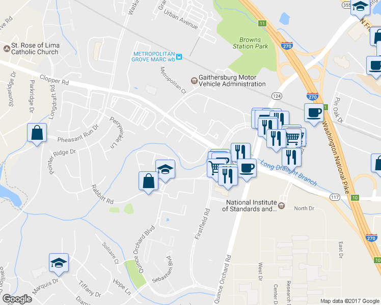 map of restaurants, bars, coffee shops, grocery stores, and more near 750 Clopper Road in Gaithersburg