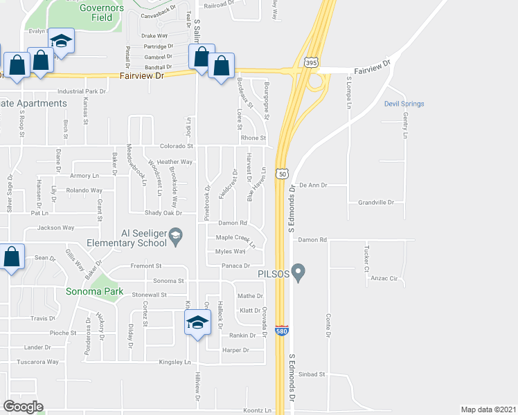map of restaurants, bars, coffee shops, grocery stores, and more near 2614 Blossom View Lane in Carson City