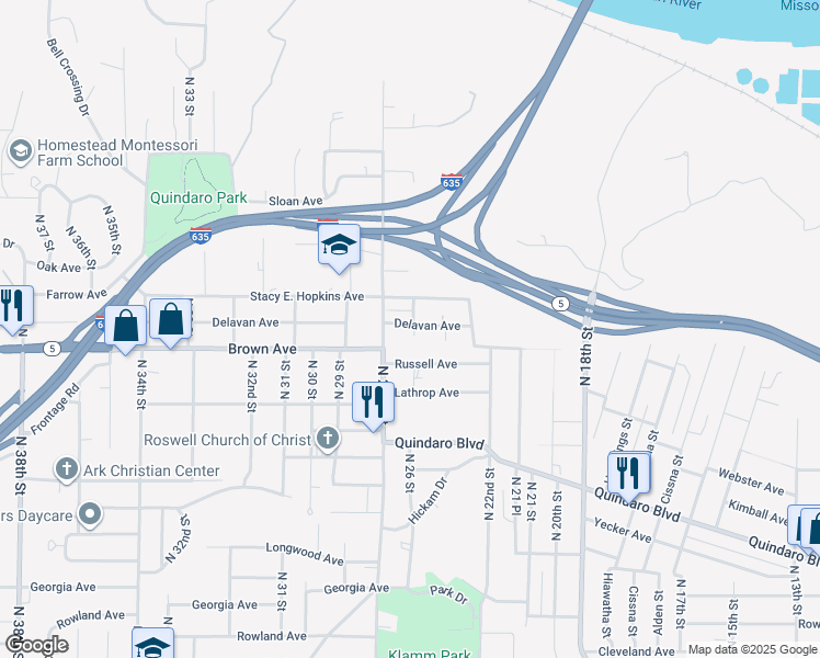 map of restaurants, bars, coffee shops, grocery stores, and more near 2414 Delavan Avenue in Kansas City