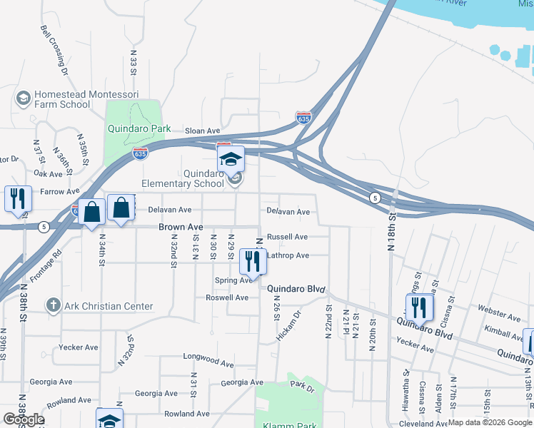 map of restaurants, bars, coffee shops, grocery stores, and more near 2636 Delavan Avenue in Kansas City