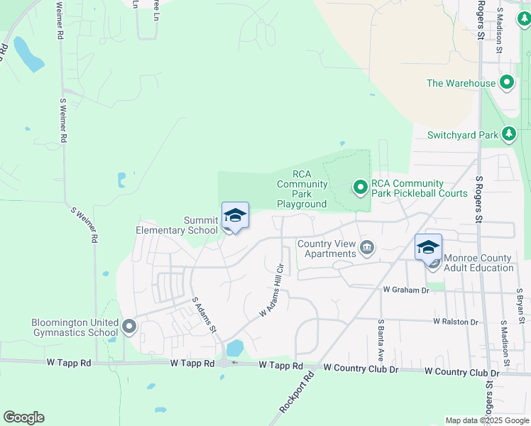 map of restaurants, bars, coffee shops, grocery stores, and more near 206 West Adams Hill Circle in Bloomington
