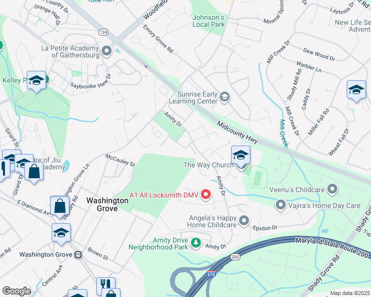 map of restaurants, bars, coffee shops, grocery stores, and more near 17628 Sequoia Drive in Gaithersburg