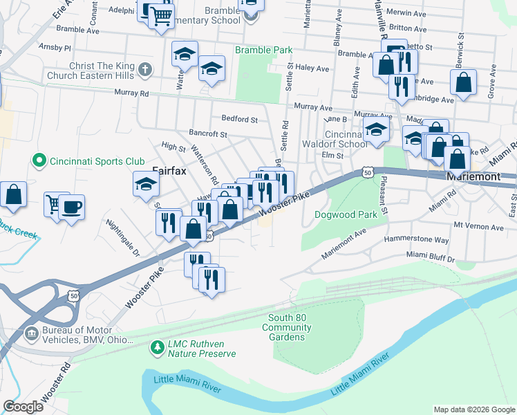 map of restaurants, bars, coffee shops, grocery stores, and more near 3715 Carlton Avenue in Cincinnati