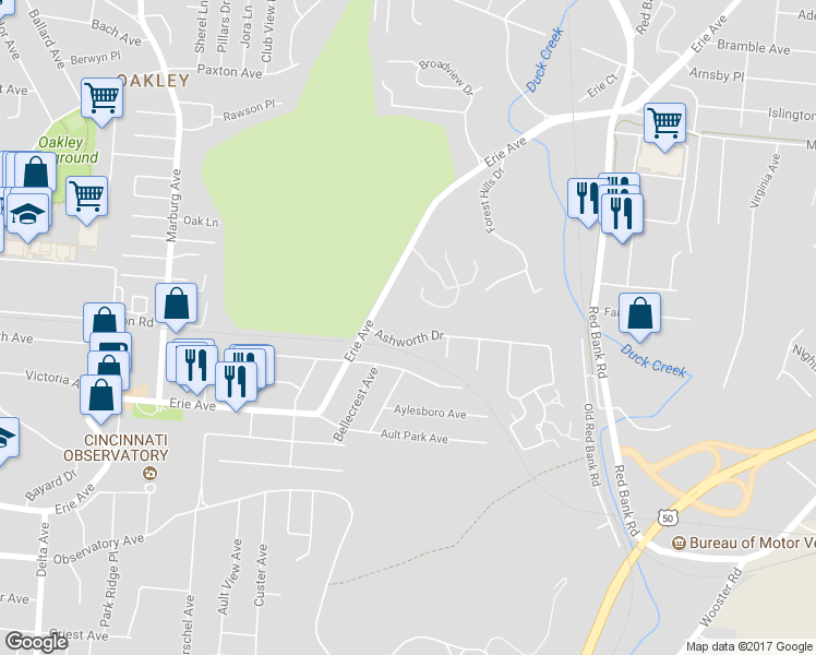 map of restaurants, bars, coffee shops, grocery stores, and more near 3658 Ashworth Drive in Cincinnati