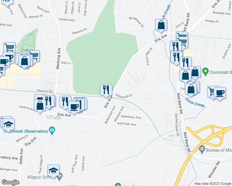 map of restaurants, bars, coffee shops, grocery stores, and more near 3695 Erie Avenue in Cincinnati