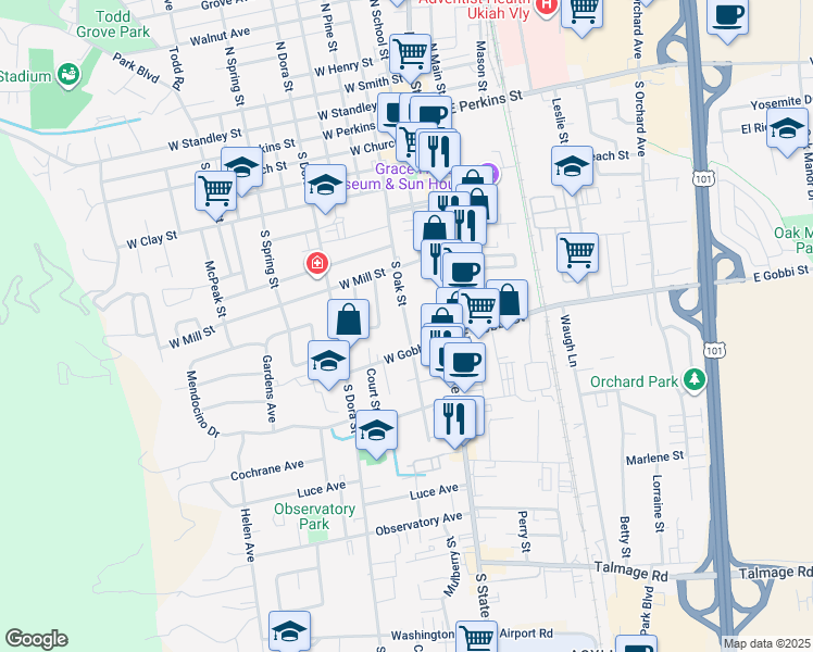 map of restaurants, bars, coffee shops, grocery stores, and more near 763 South Oak Street in Ukiah