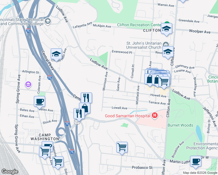 map of restaurants, bars, coffee shops, grocery stores, and more near 585 Wirham Place in Cincinnati