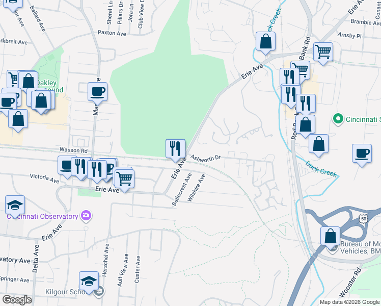 map of restaurants, bars, coffee shops, grocery stores, and more near 3700 Erie Avenue in Cincinnati