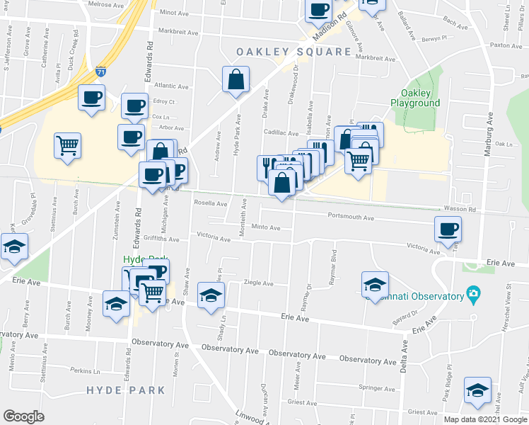 map of restaurants, bars, coffee shops, grocery stores, and more near 2912 Portsmouth Avenue in Cincinnati