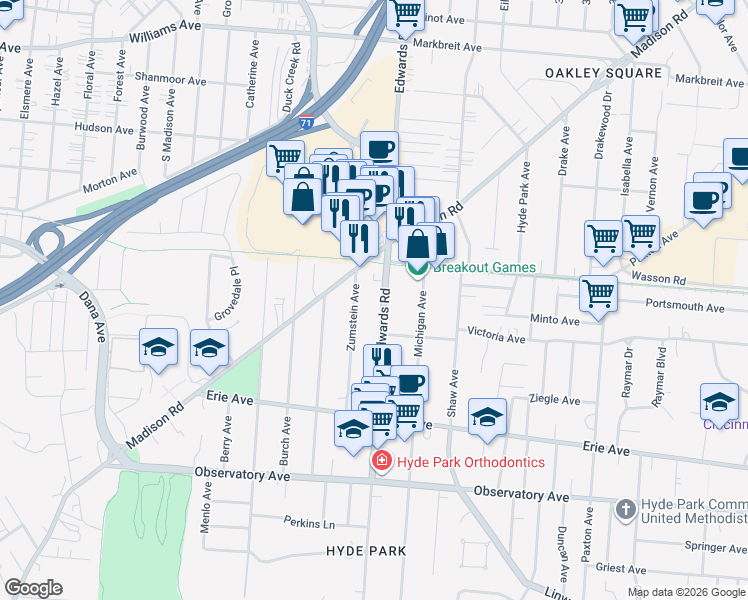 map of restaurants, bars, coffee shops, grocery stores, and more near 3644 Zumstein Avenue in Cincinnati