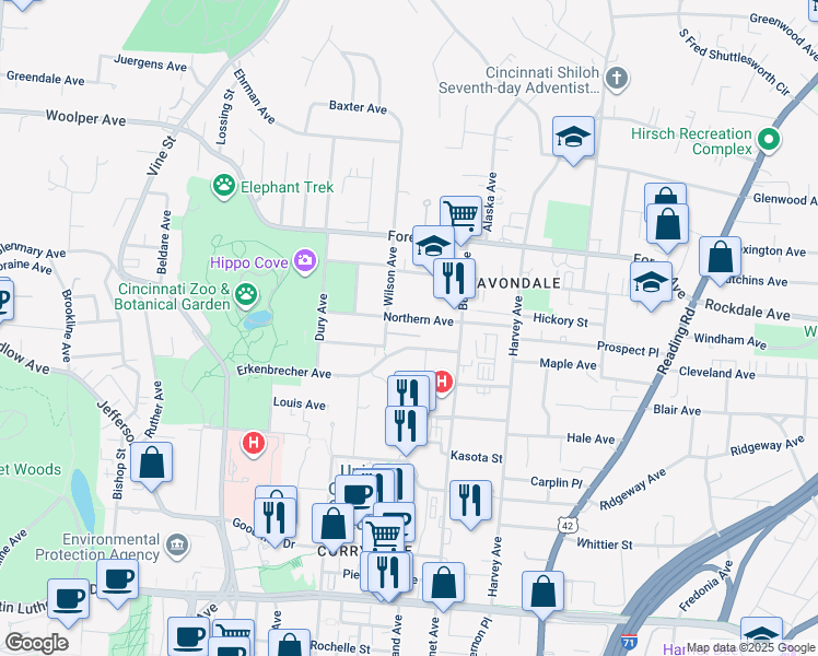 map of restaurants, bars, coffee shops, grocery stores, and more near 3450 Wilson Avenue in Cincinnati