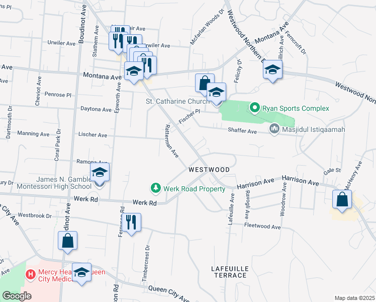 map of restaurants, bars, coffee shops, grocery stores, and more near 2859 Harrison Avenue in Cincinnati