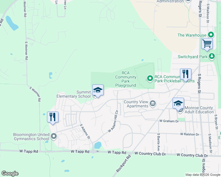 map of restaurants, bars, coffee shops, grocery stores, and more near 206 West Adams Hill Circle in Bloomington