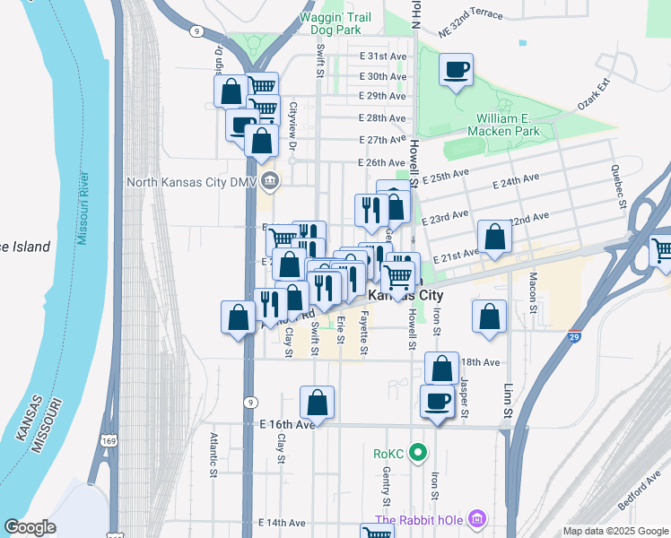 map of restaurants, bars, coffee shops, grocery stores, and more near 2100 Erie Street in North Kansas City