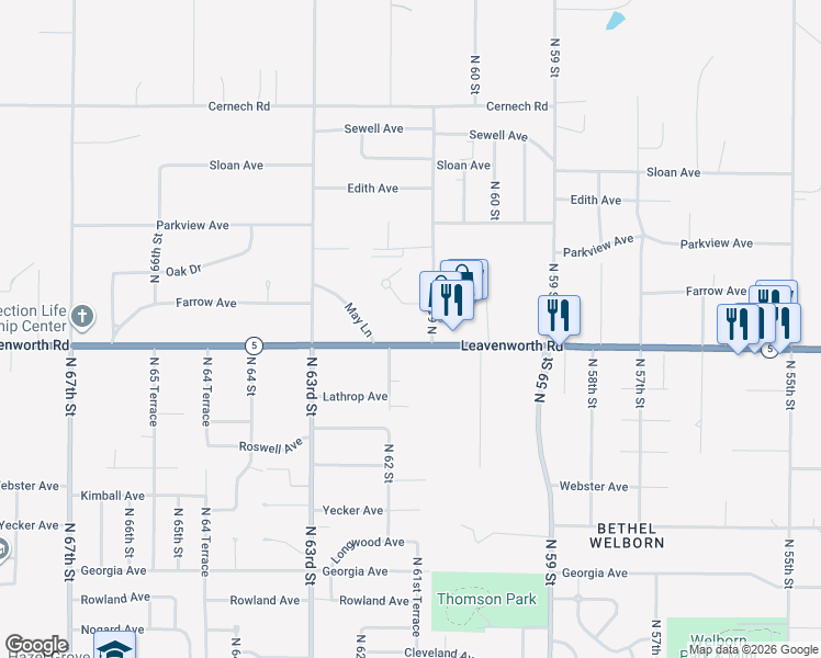 map of restaurants, bars, coffee shops, grocery stores, and more near 6117 Farrow Avenue in Kansas City