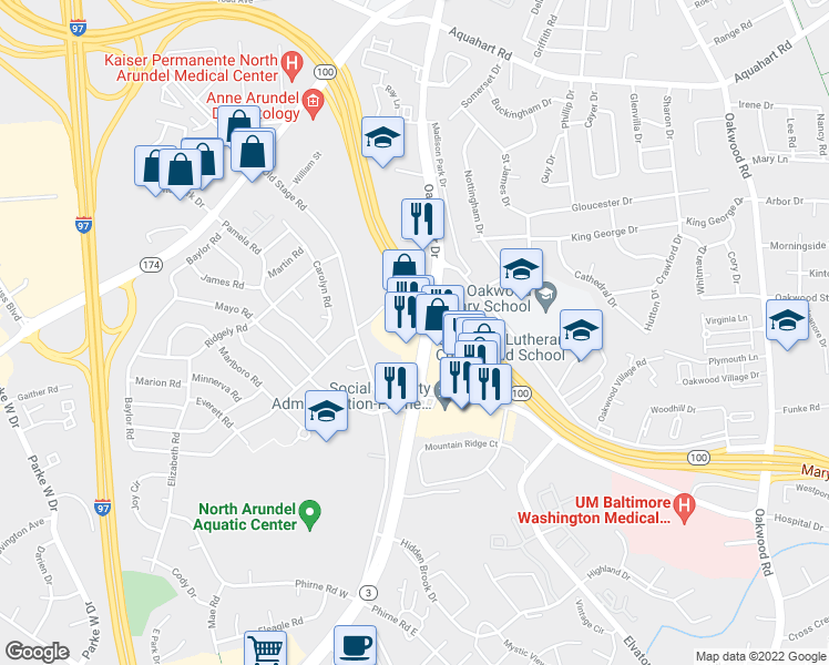 map of restaurants, bars, coffee shops, grocery stores, and more near 1660 Crain Highway South in Glen Burnie
