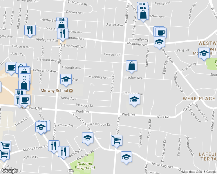 map of restaurants, bars, coffee shops, grocery stores, and more near 3111 Pershing Court in Cincinnati
