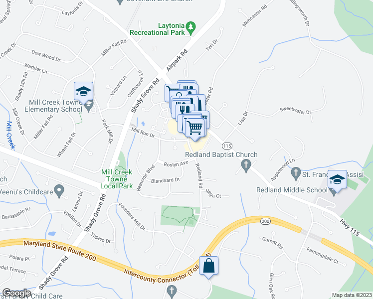 map of restaurants, bars, coffee shops, grocery stores, and more near 17504 Redland Road in Derwood