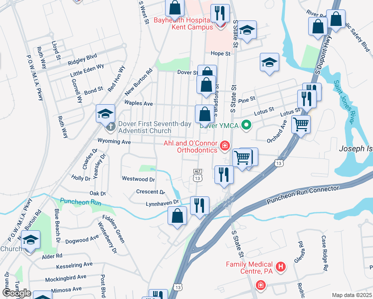 map of restaurants, bars, coffee shops, grocery stores, and more near 226 Wyoming Avenue in Dover