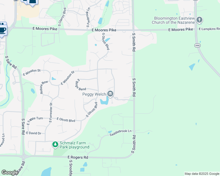 map of restaurants, bars, coffee shops, grocery stores, and more near 2898 Bridgewater Ct in Bloomington