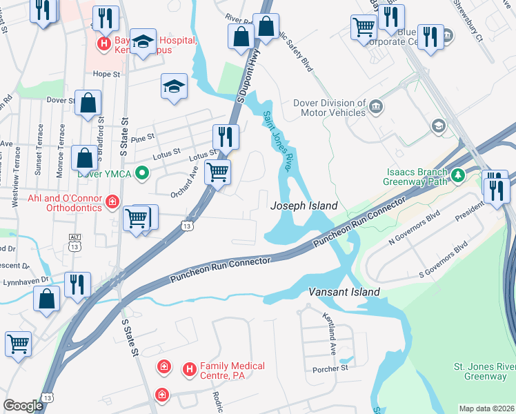map of restaurants, bars, coffee shops, grocery stores, and more near 32 Evergreen Circle in Dover