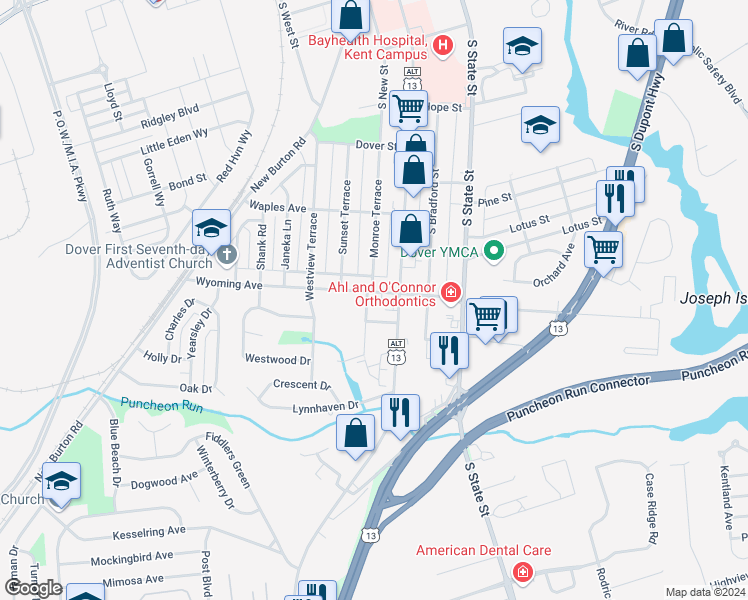 map of restaurants, bars, coffee shops, grocery stores, and more near 226 Wyoming Avenue in Dover