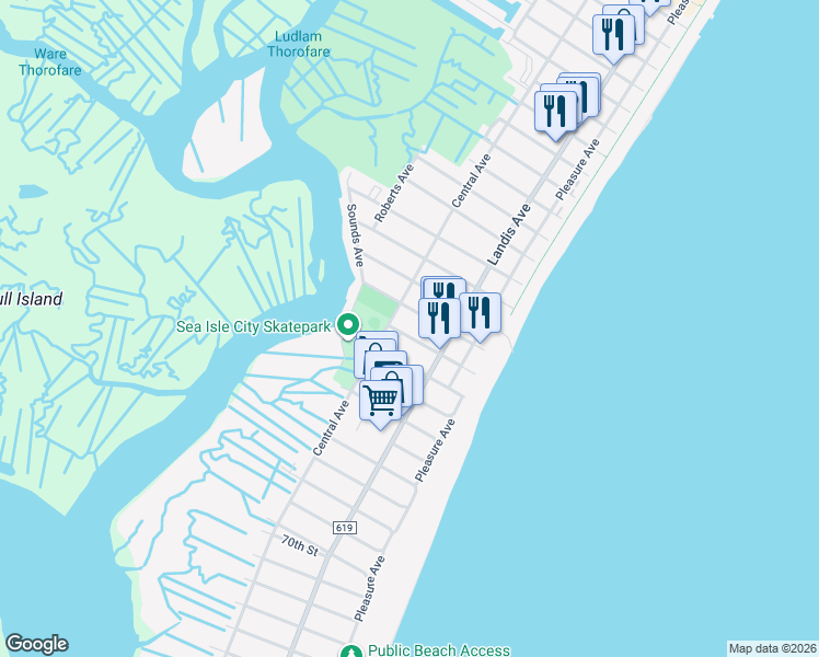 map of restaurants, bars, coffee shops, grocery stores, and more near 5911 Central Avenue in Sea Isle City