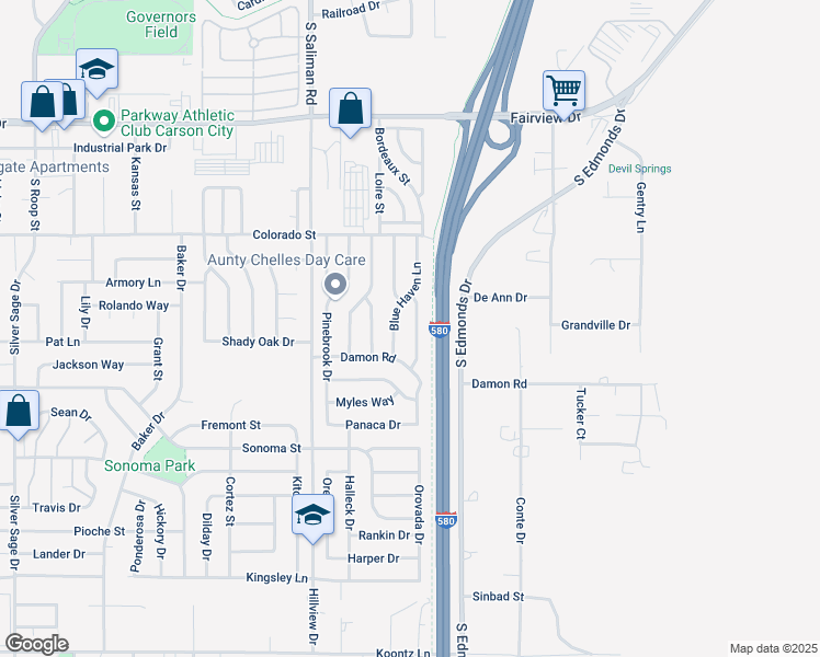 map of restaurants, bars, coffee shops, grocery stores, and more near 2602 Blossom View Lane in Carson City