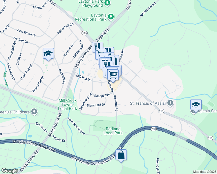 map of restaurants, bars, coffee shops, grocery stores, and more near 17504 Redland Road in Derwood