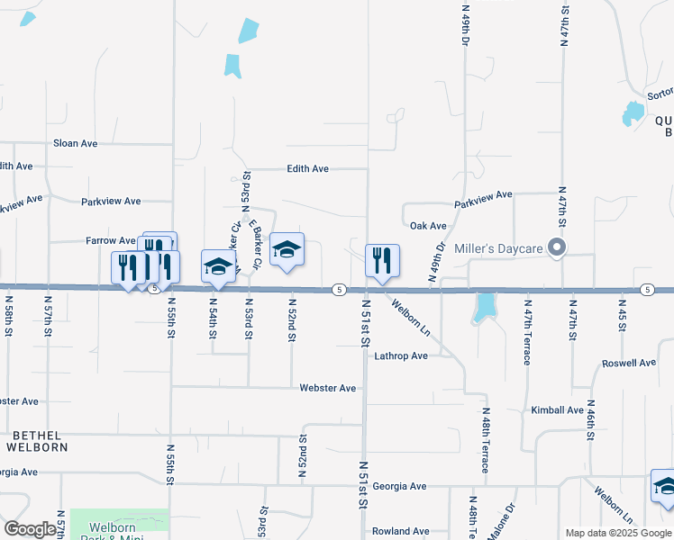 map of restaurants, bars, coffee shops, grocery stores, and more near 5132 Leavenworth Road in Kansas City