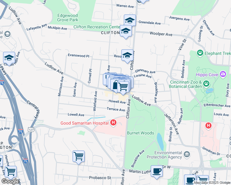 map of restaurants, bars, coffee shops, grocery stores, and more near 343 Ludlow Avenue in Cincinnati