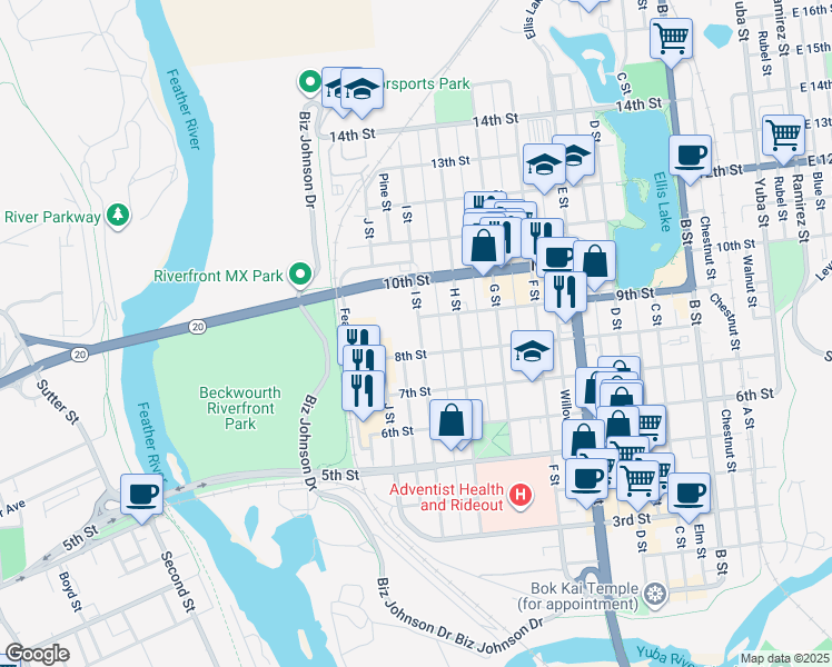 map of restaurants, bars, coffee shops, grocery stores, and more near 858 I Street in Marysville